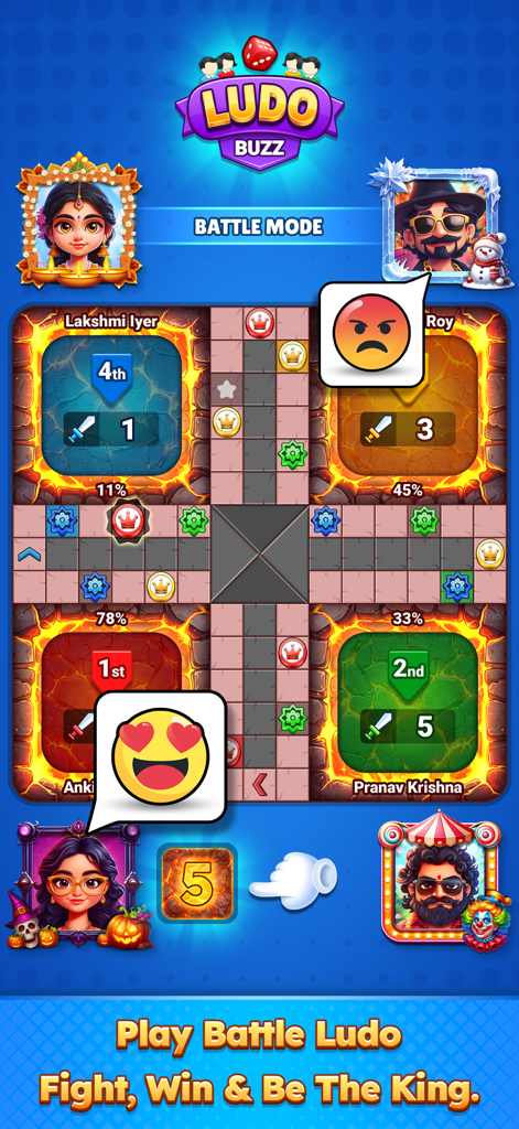 Ludo Buzz - Multiplayer Game - Captura de pantalla del juego móvil Ludo Buzz en modo Battle, con cuatro jugadores en un tablero temático con avatares de personajes y emojis.