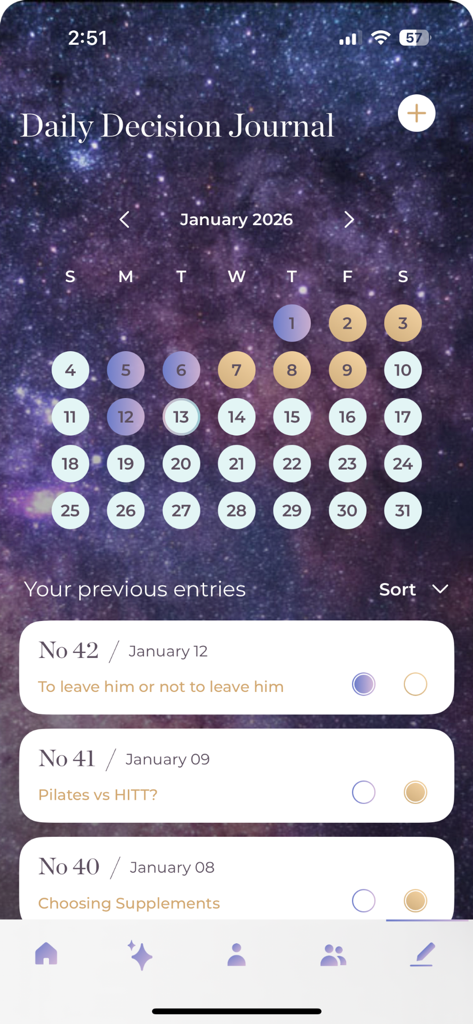 Pantalla del Diario de Decisiones Diarias en la app Align mostrando un calendario y una lista de entradas de decisiones.