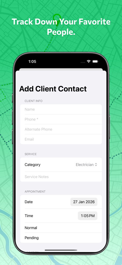 The add client contact screen of the Caller Location Client app showing fields for name phone email and appointment scheduling