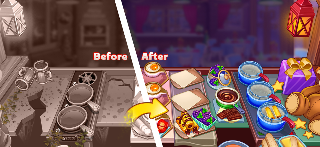 Christmas Chef Cooking Game - Before and after kitchen renovation comparison in Christmas Chef Cooking Game