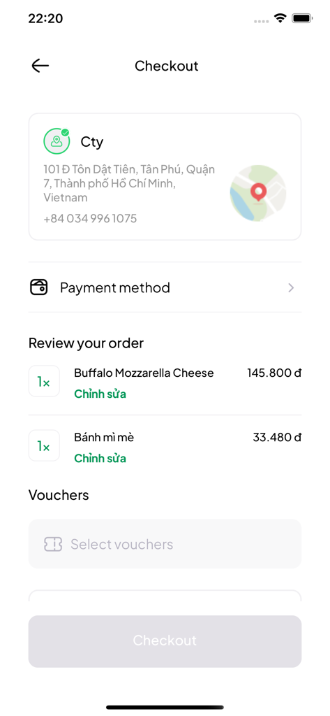 The checkout screen of the iGourmet app showing the order summary and delivery details