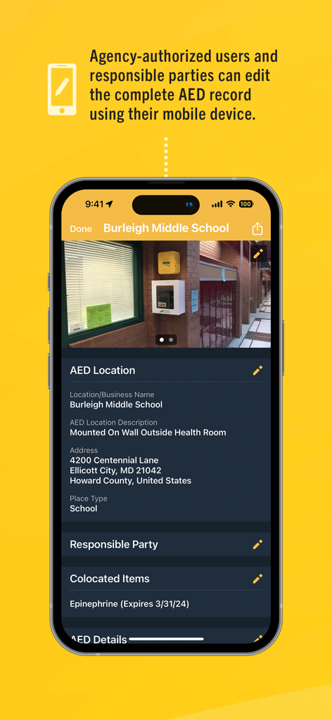 A mobile interface showing the editing of an AED record with location details and photos for a school facility.