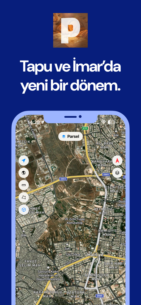 Satellite map view of the Parsel app showing Turkish land registry and zoning data