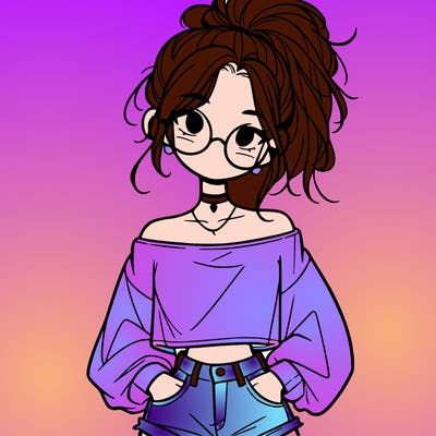 girl with a messy ponytail glasses a baggy crop top and jean shorts