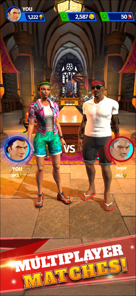 Pantalla de matchmaking en Shuffleboard Club mostrando dos avatares de jugador y el texto Partidas Multijugador.