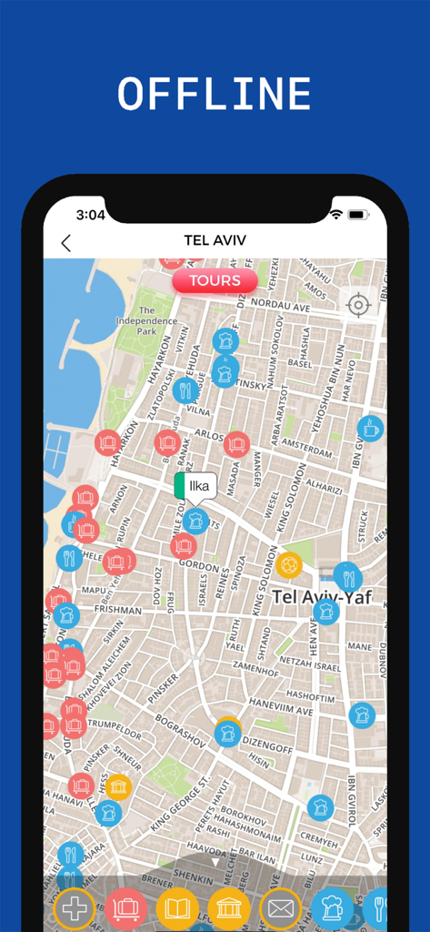 Offline map of Tel Aviv in the Israel Travel Guide app showing various points of interest like hotels and restaurants