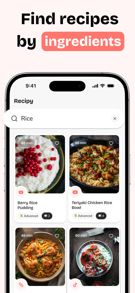A smartphone screen showing the Recipy app interface searching for rice recipes.