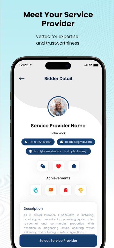 Pantalla de perfil del proveedor de servicios en la aplicación House Escort mostrando detalles de contacto y logros.