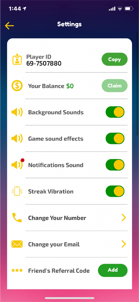 Play and Win -Win Cash Prizes! - Play and Winトリビアアプリの設定画面。プレイヤーID、残高、サウンド設定が表示されています。