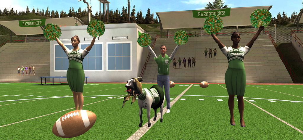 Goat Simulator - Una cabra con uniforme de animadora en un campo de fútbol americano junto a animadoras humanas