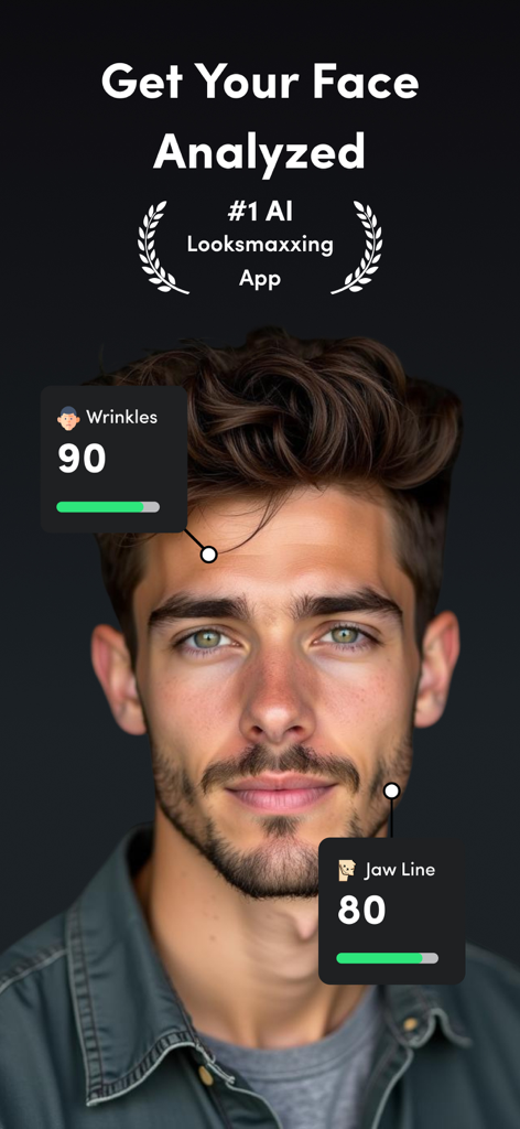 Umax AI: Face Scan & Rate face - Il viso di un uomo analizzato da Umax AI con punteggi numerici per rughe e mascella
