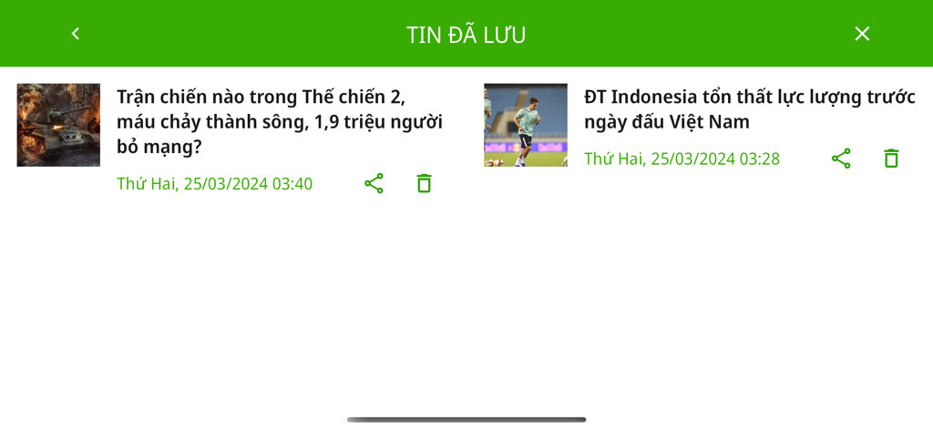 danviet.vn - The saved news screen of the Dan Viet app displaying a list of bookmarked articles including topics on World War 2 and sports.