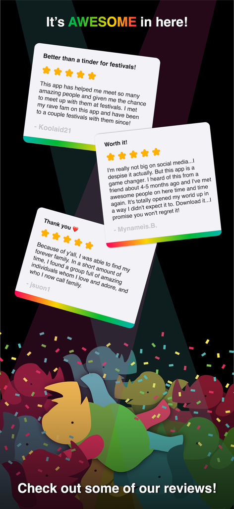 Radiate - A collection of positive user reviews and testimonials for the Radiate festival social app