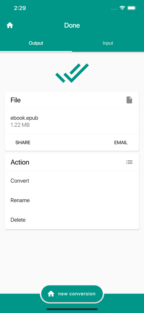 Ebook Converter - Ebookコンバーターアプリのインターフェース。共有およびメールオプション付きのEPUB形式への正常な変換が表示されています。