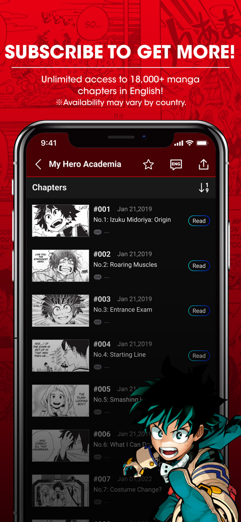 MANGA Plus app screen showing My Hero Academia chapter list with a subscription banner for unlimited access
