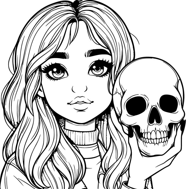 a realistic girl holding a skull