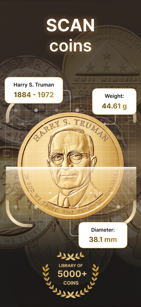 Pantalla de la aplicación móvil que muestra un escáner identificando una moneda de oro de Harry S Truman con información de peso y diámetro