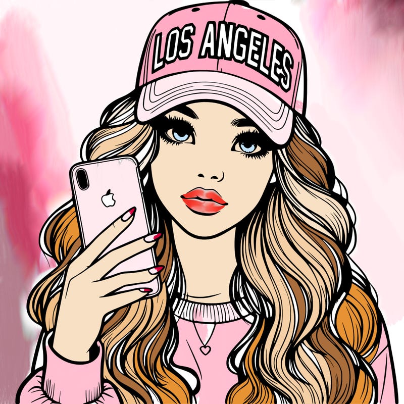 realistic beautiful girl wearing los ángeles cap holding an iphone
