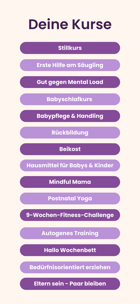 A menu of German-language courses in the Keleya Mama app including breastfeeding, postnatal recovery, and baby care.