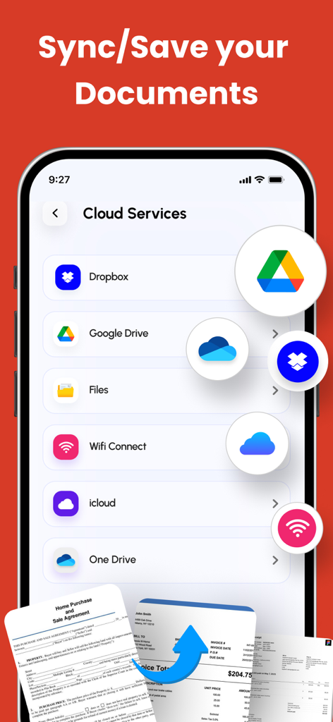 PDF Converter - PDF Scanner - PDFドキュメントの同期と保存のためのクラウドストレージ連携を示すモバイルアプリ画面。