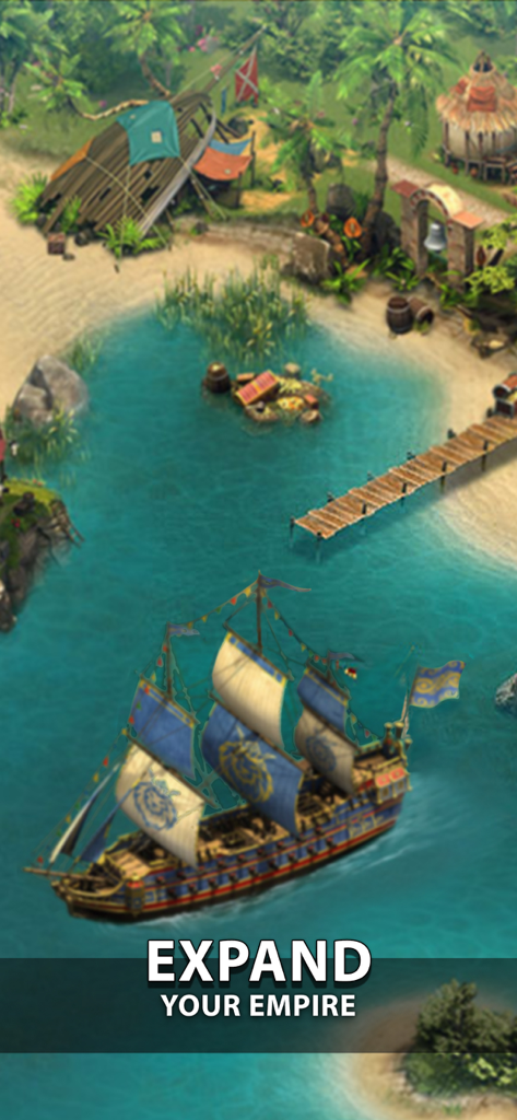 Forge of Empires: Build a City - Una nave storica a vela vicino a un'isola tropicale con la didascalia Espandi il tuo Impero