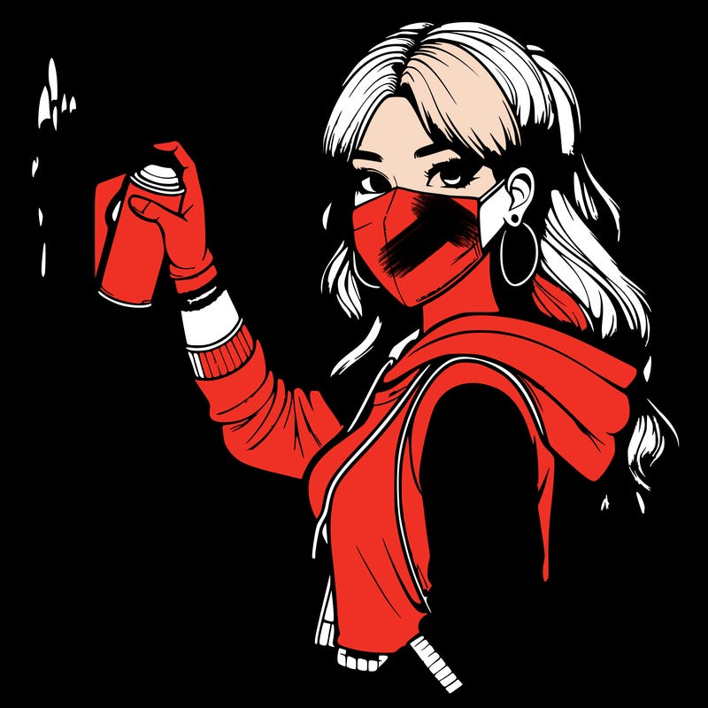 realistic girl with mask spray painting a wall