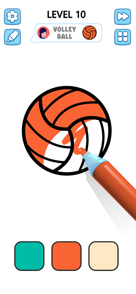 A coloring game interface showing a volleyball being colored with an orange marker.