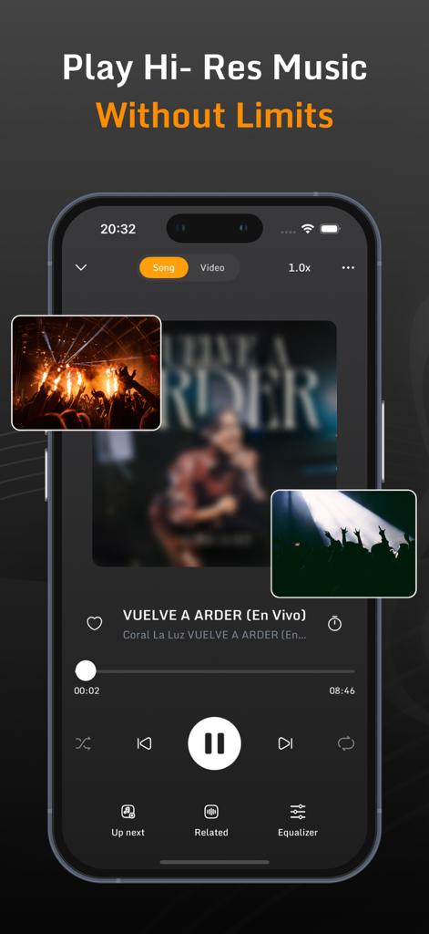 The Music X app interface displaying a high-resolution music playback screen with control buttons and concert photos.