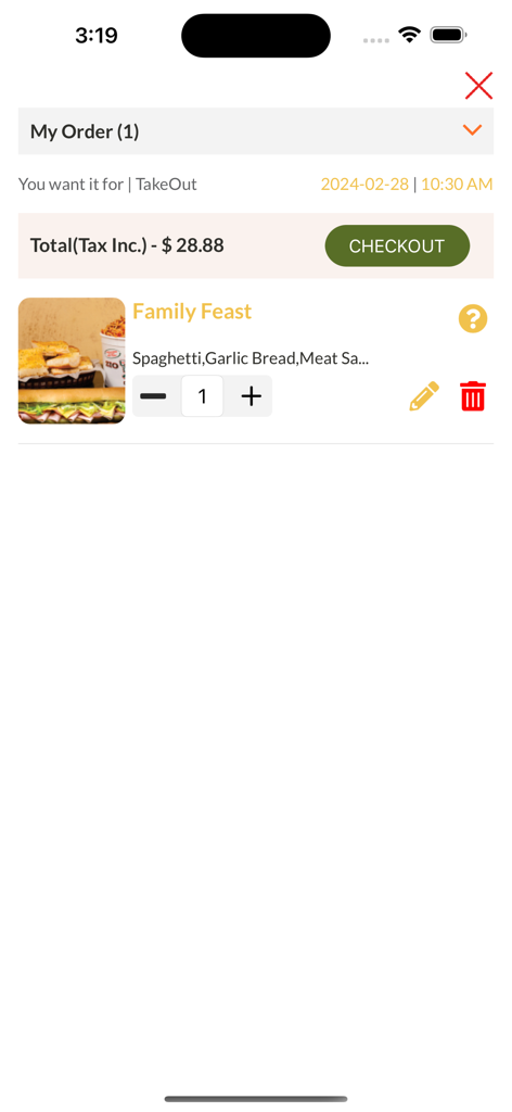 Schermata dell'app Zio Johnos che mostra un riepilogo del checkout per un "Family Feast" (pasto di famiglia) inclusi spaghetti e pane all'aglio per ventotto dollari e ottantotto centesimi