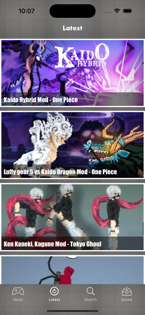 Mods For Melon Ragdoll Game - Melon Ragdoll Gameの最新アニメMOD画面。ワンピースと東京喰種キャラクターが登場。