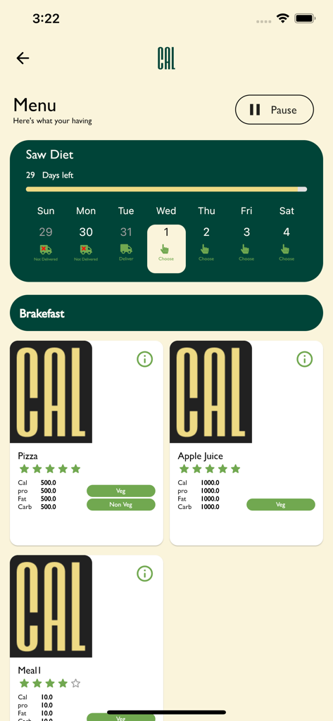CAL - كال - Interfaz de la aplicación CAL que muestra un calendario de dieta semanal y un menú de desayuno personalizable con información nutricional.