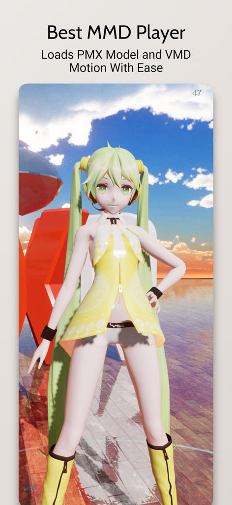 Interfaz de la aplicación DanceXR que muestra un modelo de personaje de anime 3D y funciones del reproductor MMD