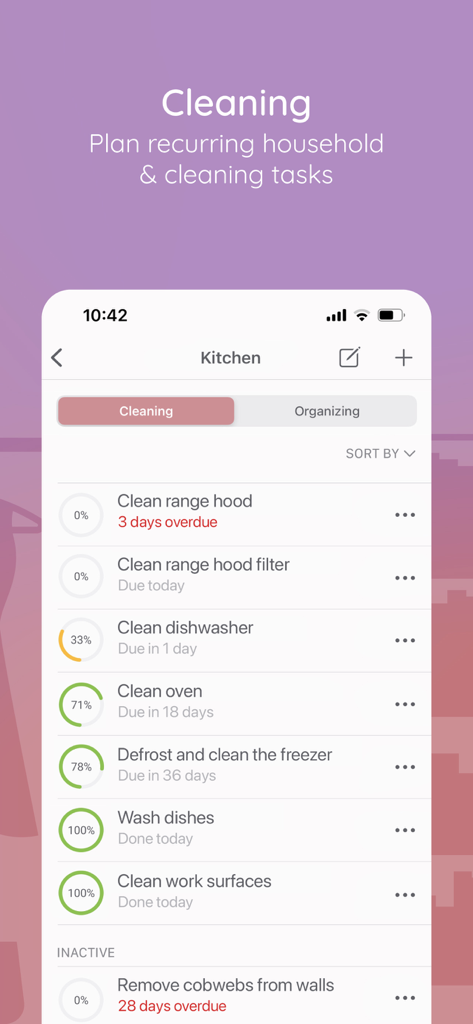 Cleaning Schedule: BeTidy - BeTidy app interface displaying a list of kitchen cleaning tasks with progress indicators and due dates