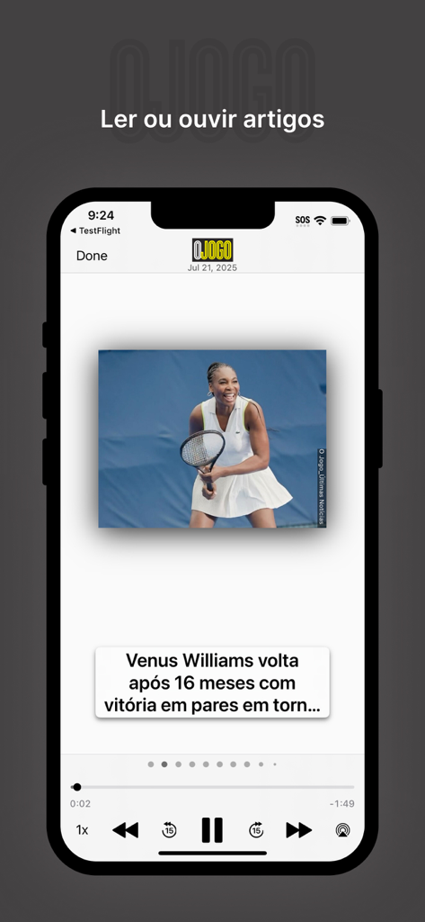 Interface de l'application O Jogo affichant un article sur Venus Williams avec des commandes de lecteur audio pour écouter les nouvelles sportives