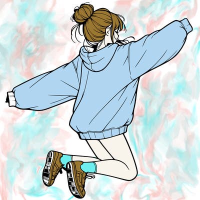 realistic girl jumping with a bun and oversized sweatshirt