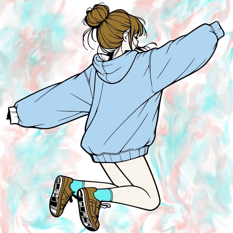 realistic girl jumping with a bun and oversized sweatshirt
