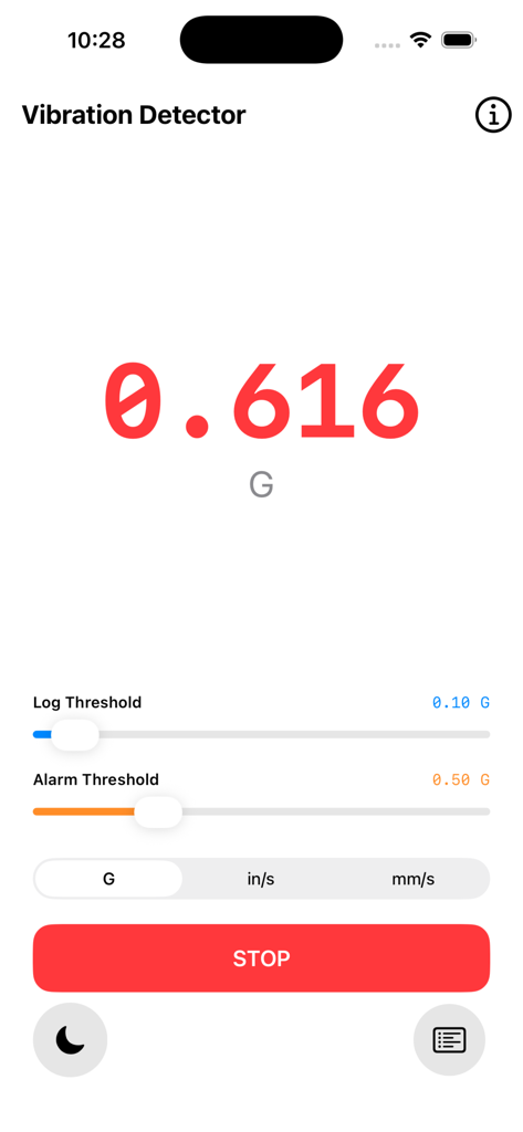 Real-time vibration monitoring interface showing G-force reading and threshold adjustment sliders