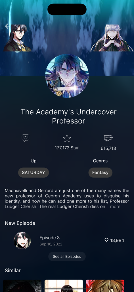 Detail page of a manhwa series on Asuratoon showing rating genre and episode list