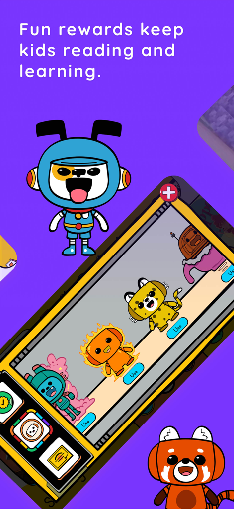 Bookbot app screen showing various cute cartoon characters used as rewards to encourage children to read