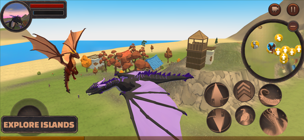 Dragon Life Simulator - Two dragons flying over a 3D island landscape with a village and coastline
