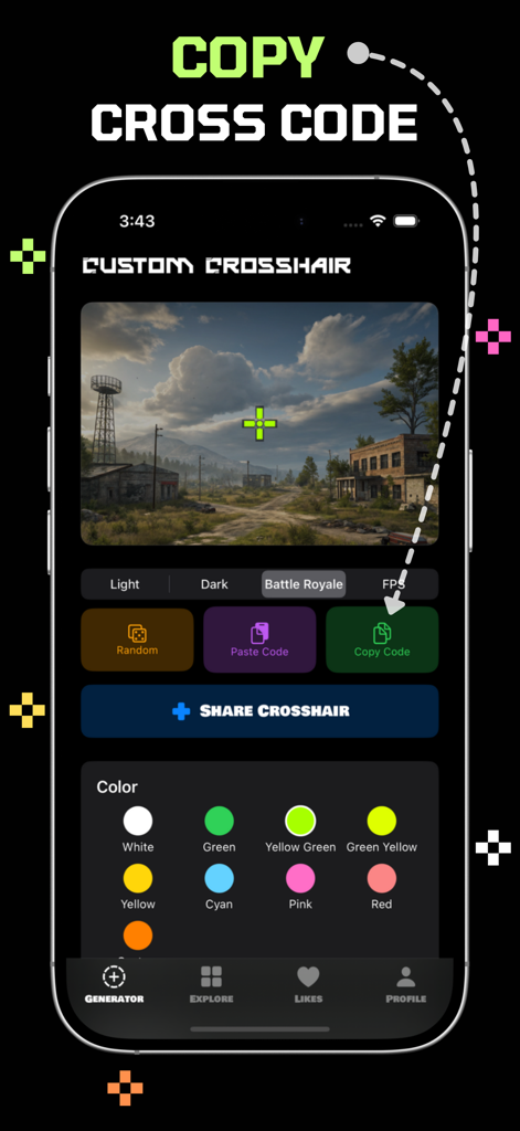 Custom Crosshair app interface showing the generator screen with a green crosshair preview and copy code functionality