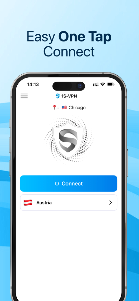 1S VPN- Secure Unlimited Proxy - User interface of 1S VPN showing the easy one tap connect feature and server selection.