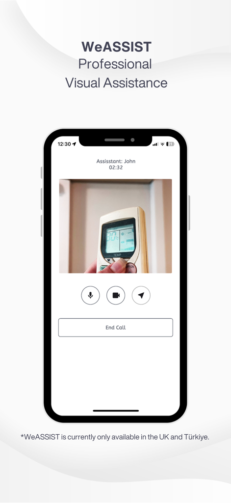 A smartphone screen showing the WeASSIST professional visual assistance feature with a live video call helping a user identify a remote control