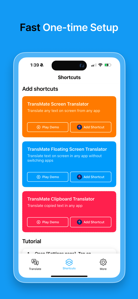 TransMate - Screen Translator - TransMate 앱 인터페이스에서 화면 플로팅 및 클립보드 번역을 위한 바로가기 옵션을 보여주는 모습