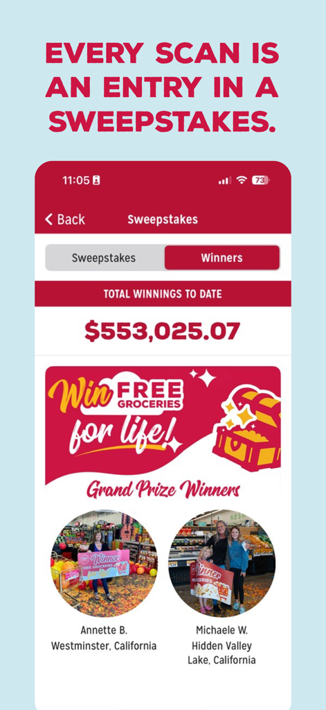 Grocery Outlet Bargain Market - Screen from the Grocery Outlet app showing grand prize winners and a sweepstakes to win free groceries for life.