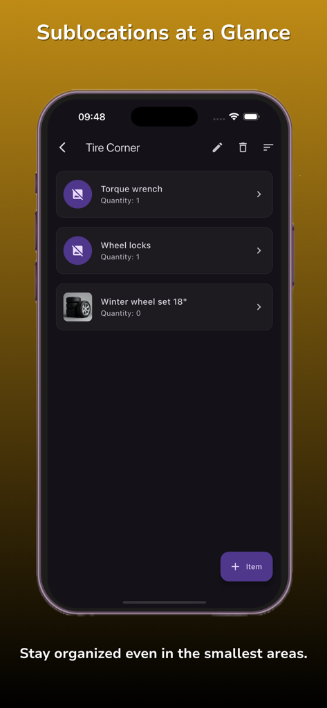 Mobile app interface showing items organized in a specific sublocation named Tire Corner