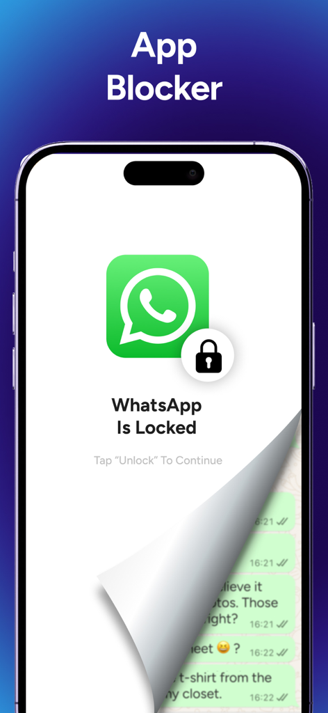 App Lock - Lock Apps & Photos - iPhoneにLockIDアプリブロッカー機能を使用したロックされたWhatsApp画面と南京錠アイコンが表示されています。