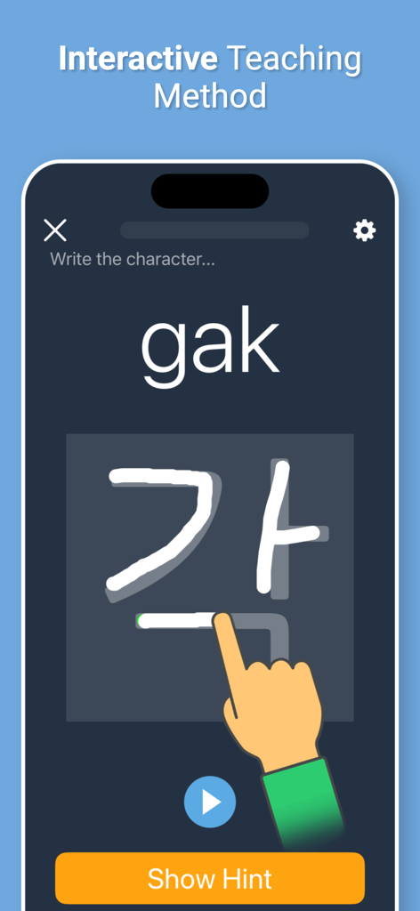 An interactive writing lesson in the Learn Korean Hangul app showing a user tracing a character on a smartphone screen.