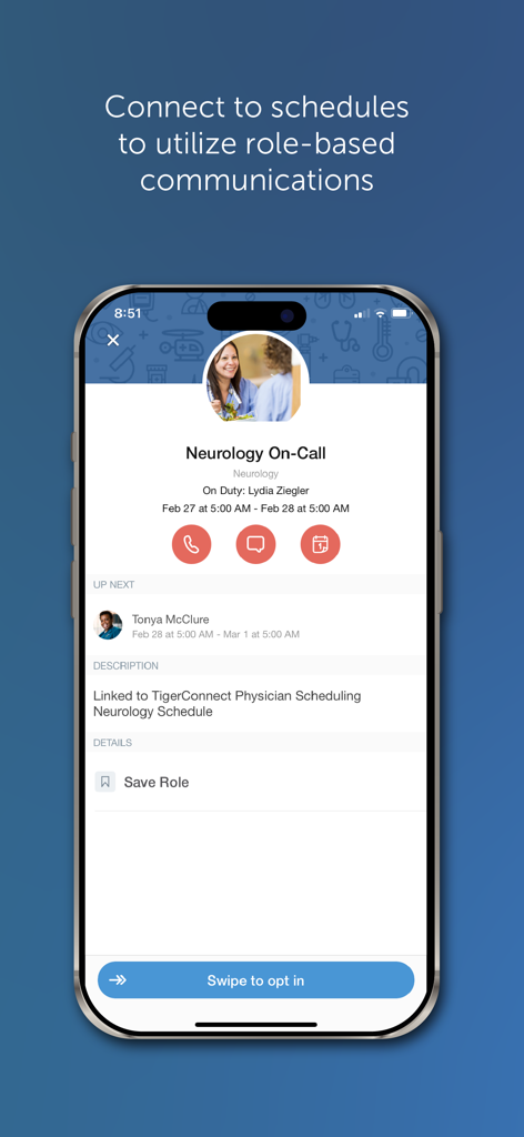 TigerConnect app interface showing neurology on-call scheduling and role-based communication options