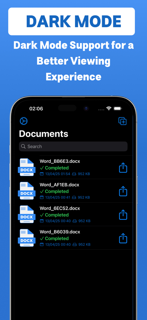 PDF to Word converter app interface featuring dark mode